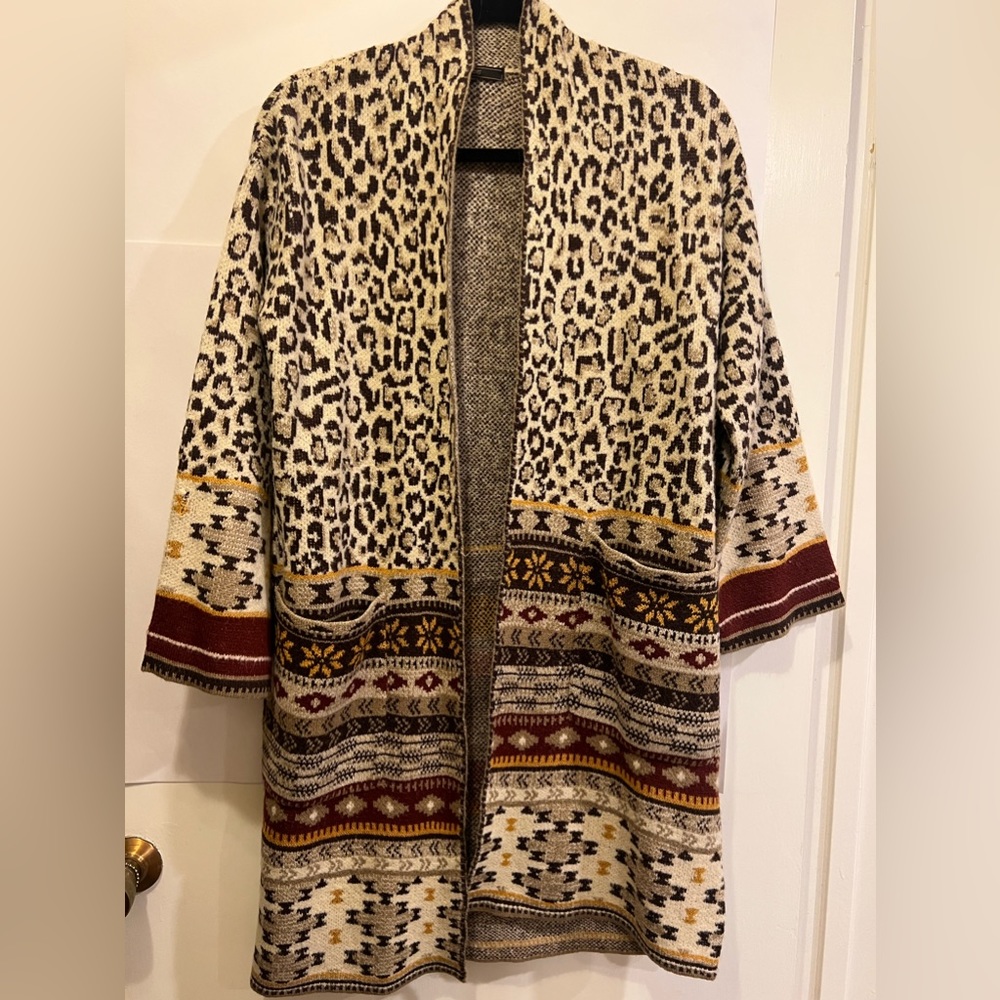 Maxsport Cardigan Long Sweater Leopard Animal Aztec Mixed Print Size small